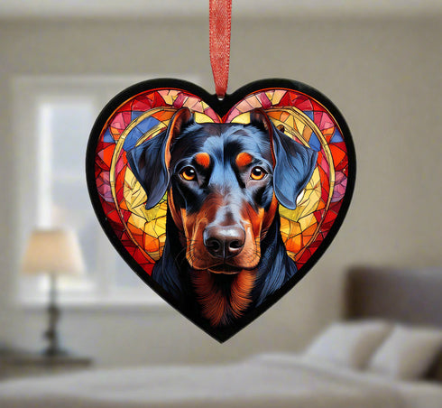Doberman Stained Glass Effect Heart Suncatcher